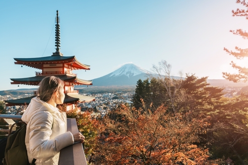 Woman,Tourist,With,Mount,Fuji,At,Chureito,Pagoda,In,Autumn
